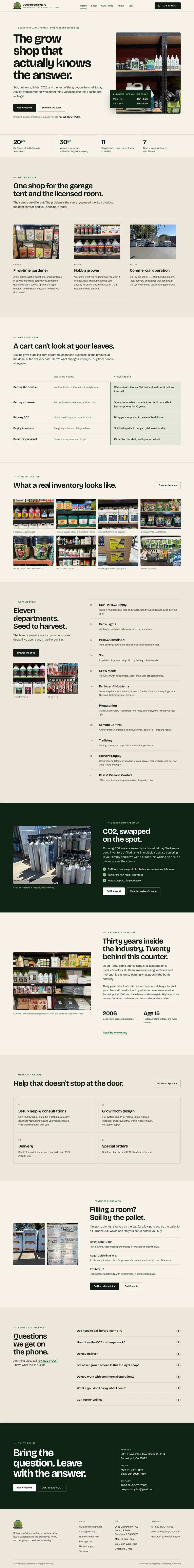 The Deep Roots Hydro homepage in full, from the first screen down to the footer