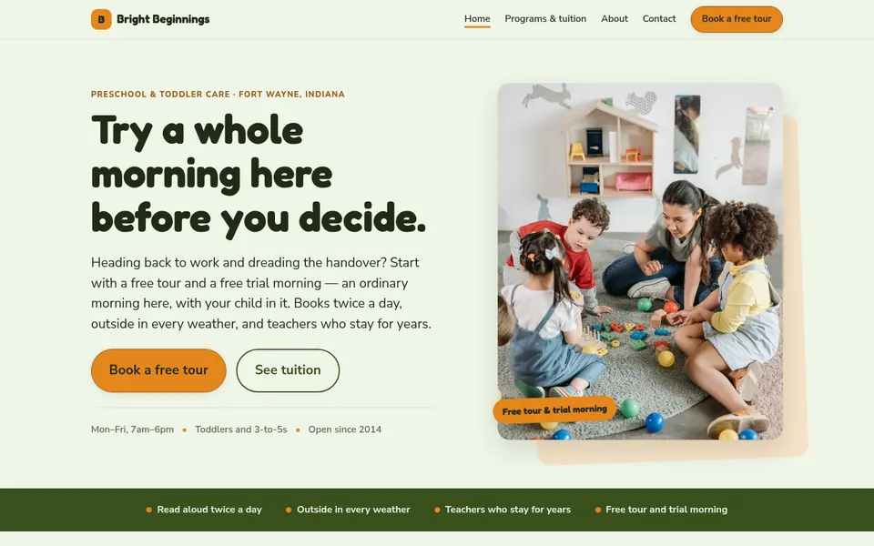 Bright Beginnings Preschool website, first screen on a desktop