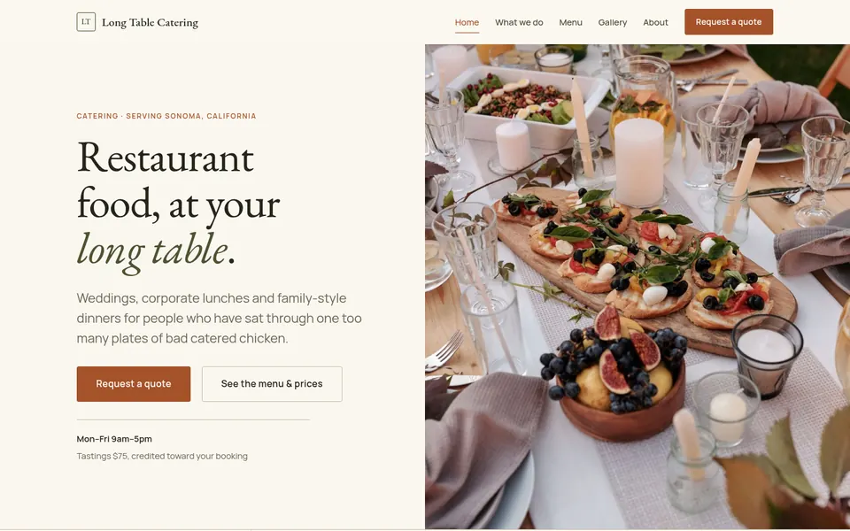 Long Table Catering website, first screen on a desktop