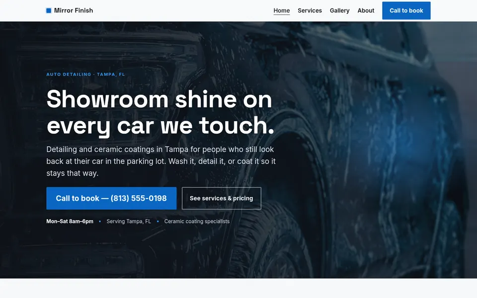 Mirror Finish Auto Detailing website, first screen on a desktop