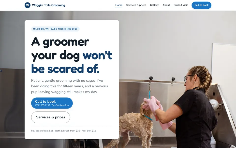 Waggin’ Tails Grooming website, first screen on a desktop