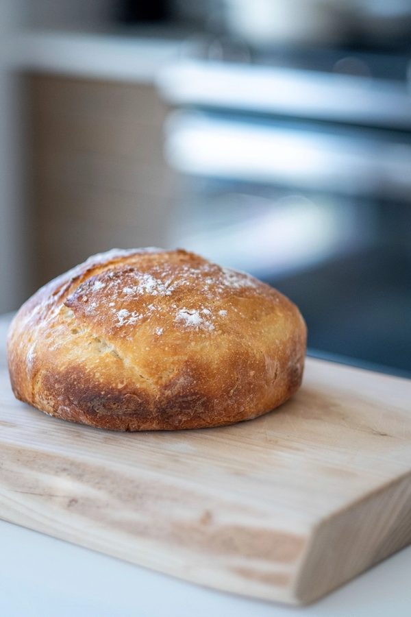 A round sourdough boule, scored and dusted with flour, resting on a wooden board.