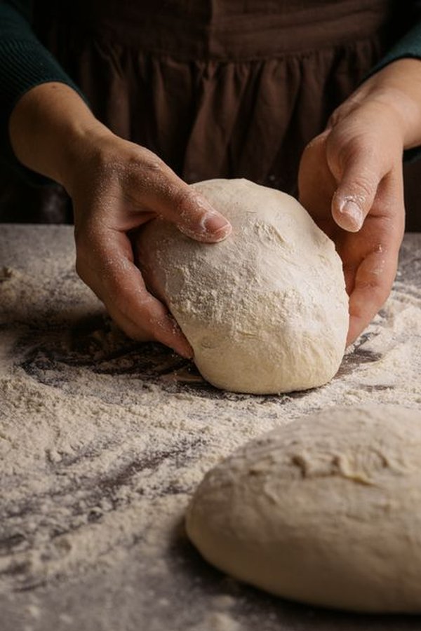 A baker’s hands shaping a round of dough on a floured bench.