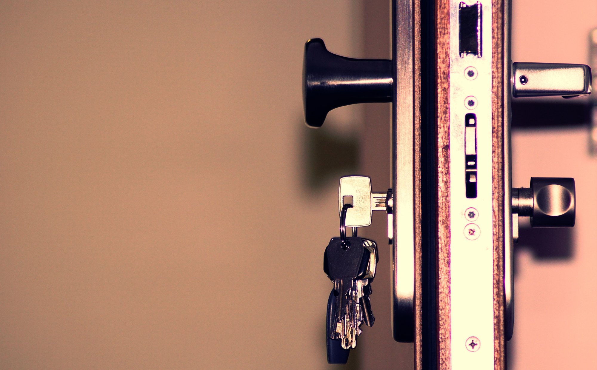 The edge of an open door showing the lock body, the latch and a key in the cylinder.